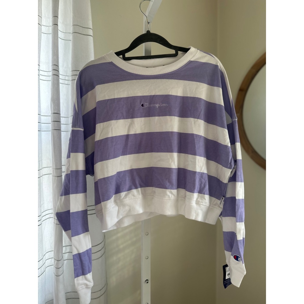 Champion Women Purple White Striped Middleweights Oversized Long Sleeve Shirt S